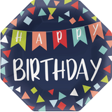A Reason to Celebrate "Happy Birthday" Hexagon Paper Disposable Dessert Plates, Navy, 7-in, 8-pk, for Birthday Party Front_Flat