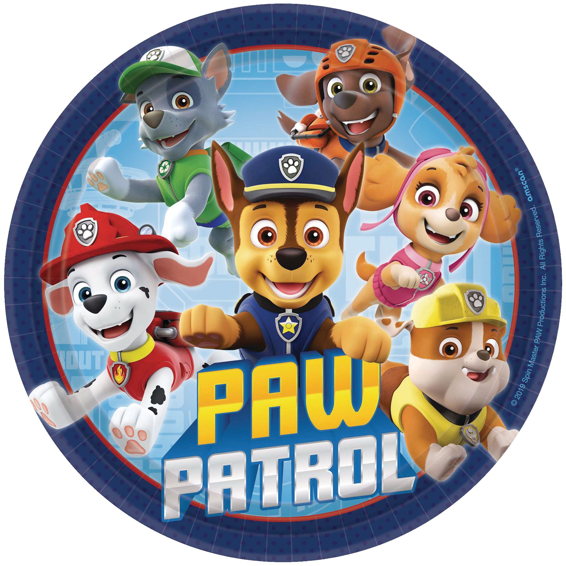 Nickelodeon PAW Patrol Chase/Marshall/Skye Round Paper Disposable Dessert Plates, Blue, 7-in, 8-pk, for Birthday Party Overhead_Flat