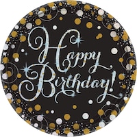 Sparkling Celebration "Happy Birthday" Round Paper Disposable Lunch Plates, Black/Gold/Silver, 9-in, 8-pk, for Milestone Birthday