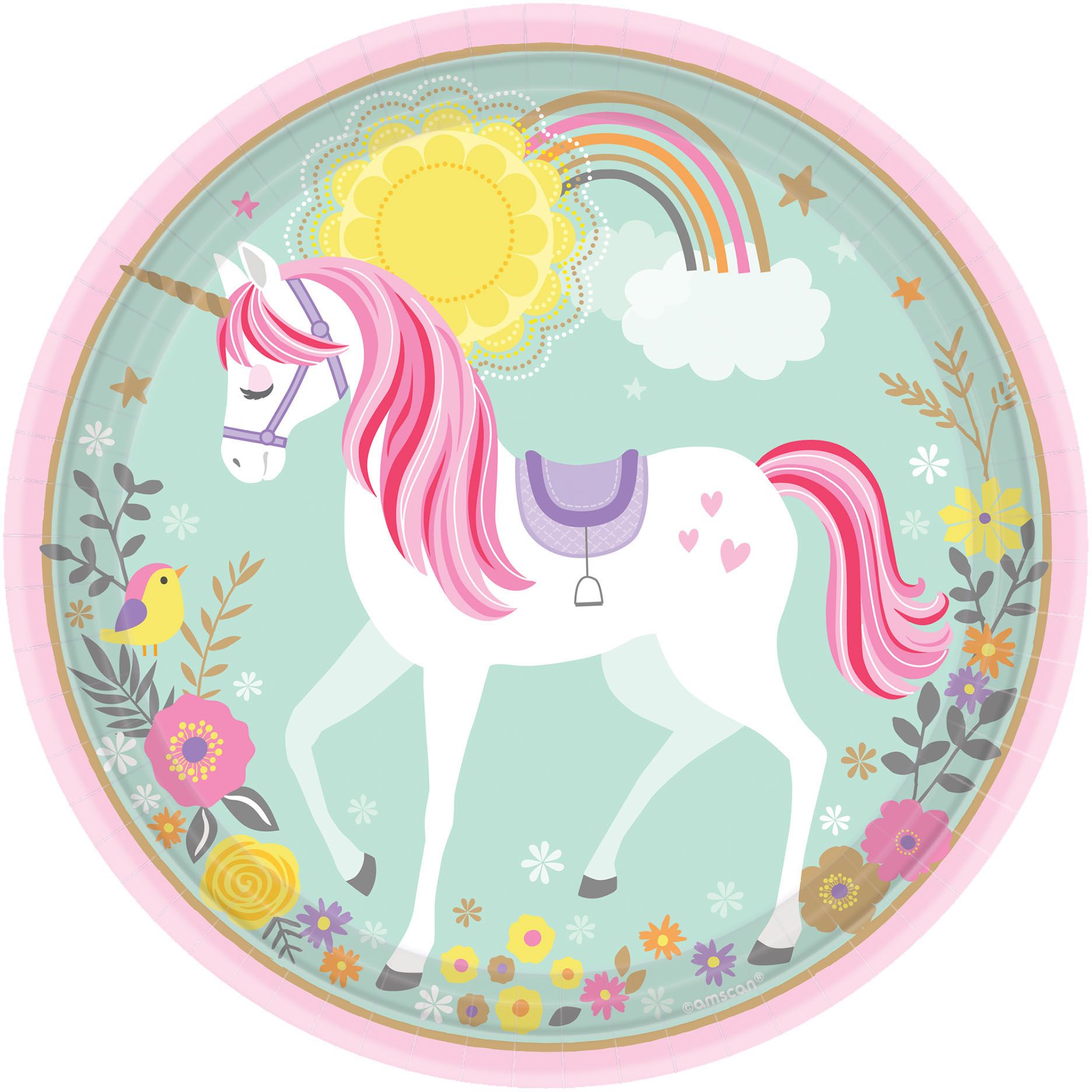 Unicorn Round Paper Disposable Lunch Plates, Blue/Pink, 9-in, 8-pk, for Birthday Party Overhead_Flat