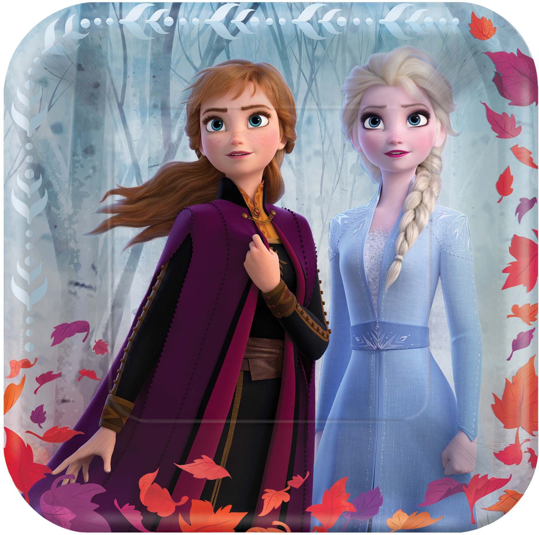 Disney Frozen Anna & Elsa Square Paper Disposable Lunch Plates,Blue/Purple, 9-in, 8-pk, for Birthday Party Overhead_Flat