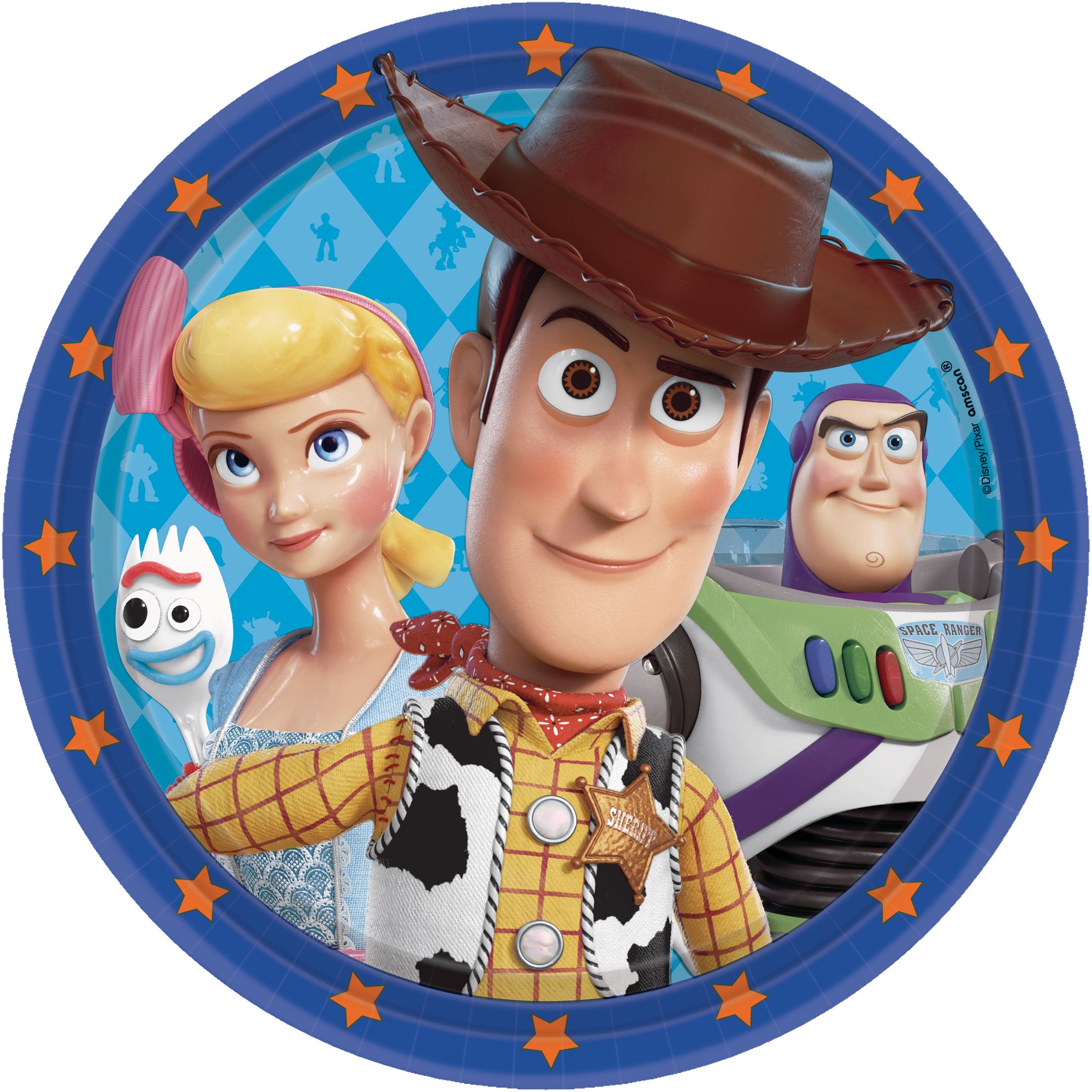 Disney Pixar Toy Story Woody/Buzz Lightyear/Bo Peep Round Paper Disposable Lunch Plates, Blue, 9-in, 8-pk, for Birthday Party Overhead_Flat