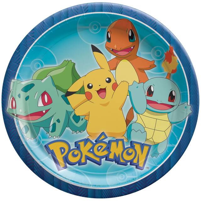 Nintendo Pokémon Round Paper Disposable Lunch Plates, Blue/Yellow, 9-in, 8-pk, for Birthday Party Overhead_Flat