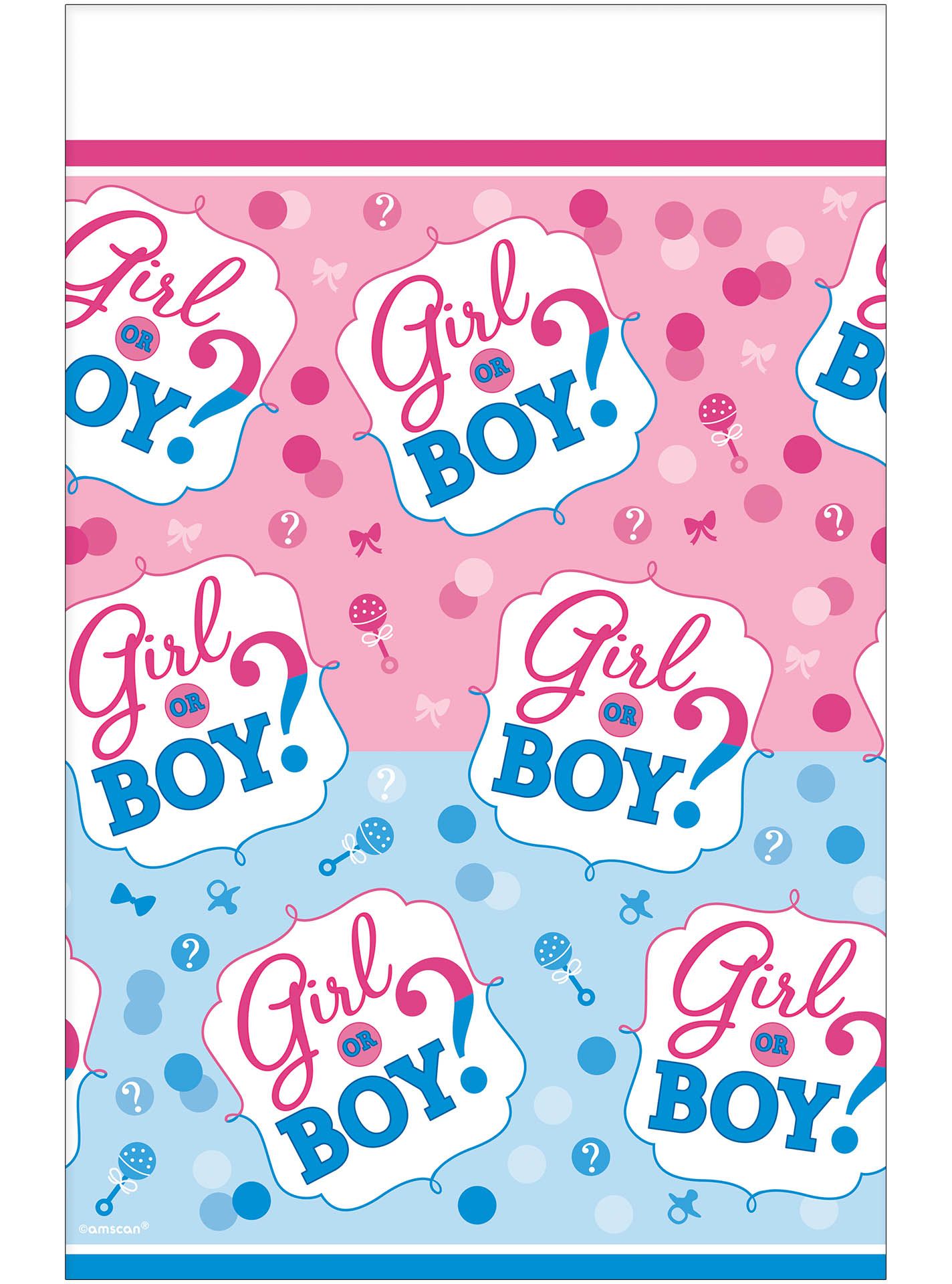 "Girl or Boy?" Rectangle Plastic Reusable Table Cover, Blue/Pink, 54x102-in, for Gender Reveal Overhead_Flat