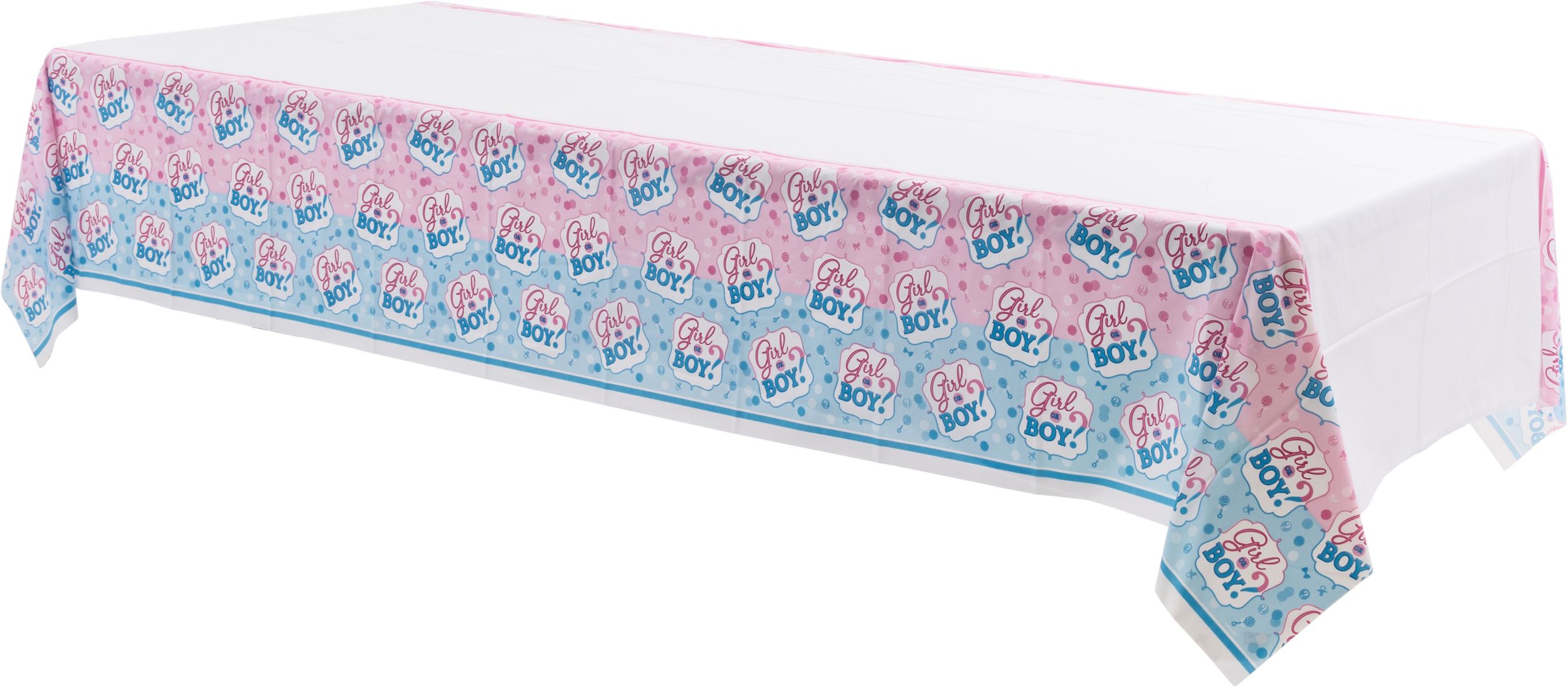 "Girl or Boy?" Rectangle Plastic Reusable Table Cover, Blue/Pink, 54x102-in, for Gender Reveal Front_Angled_Left
