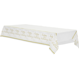 Confetti Fun "Happy Birthday" Rectangle Plastic Reusable Table Cover, Gold/White, 54x102-in, for Birthday Party Front_Angled_Left