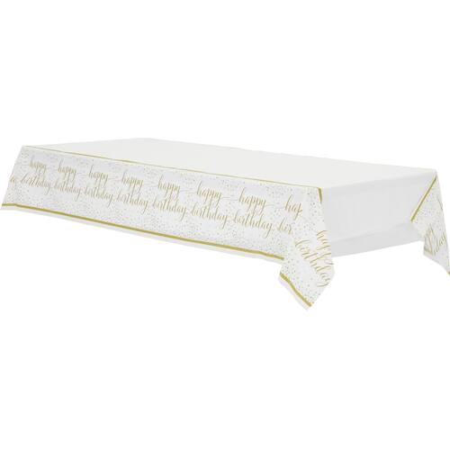 Confetti Fun "Happy Birthday" Rectangle Plastic Reusable Table Cover, Gold/White, 54x102-in, for Birthday Party