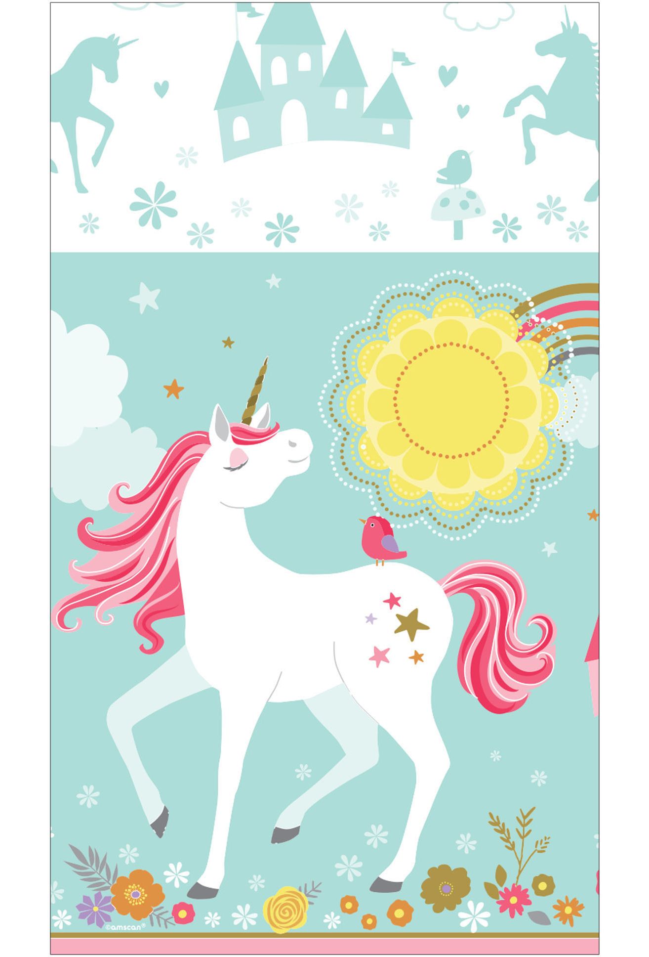 Unicorn Rectangle Plastic Reusable Table Cover, Green/Pink, 54x96-in, for Birthday Party Overhead_Flat