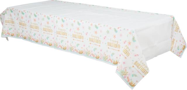 Boho Girl Happy Birthday Paper Table Cover features Flowers & Feathers, Pink/Green/Gold, 54-in x 96-in Front_Angled_Left