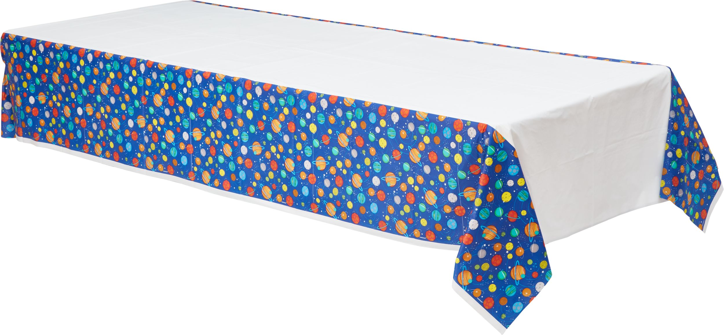 Nappe réutilisable en plastique, fusée, planètes et étoiles, 54 x 96 po Front_Angled_Left