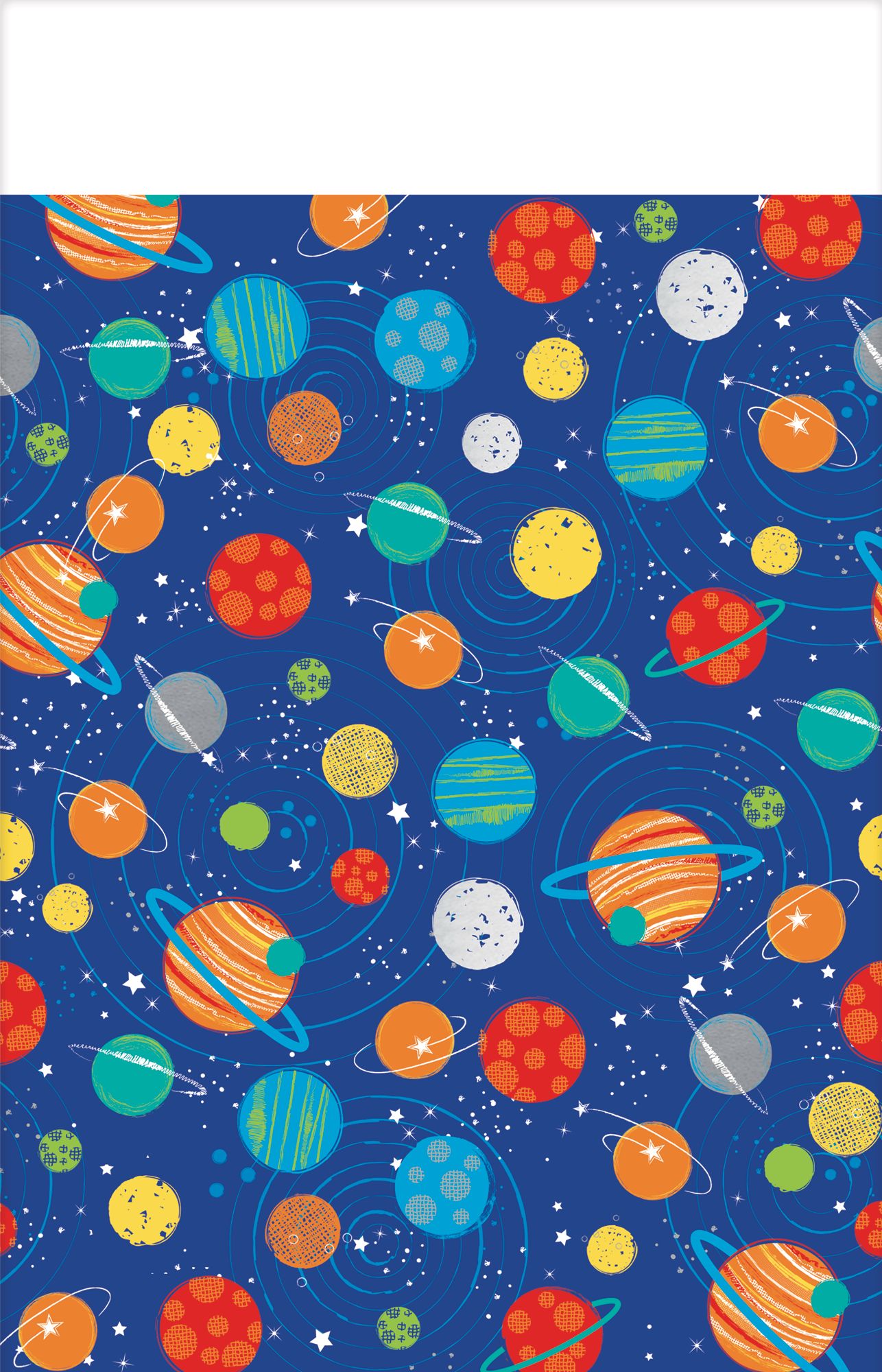 Nappe réutilisable en plastique, fusée, planètes et étoiles, 54 x 96 po Front_Flat