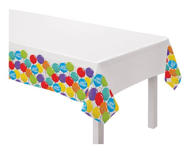 Balloon Birthday "Happy Birthday" Rectangle Plastic Reusable Table Cover, Multi-Coloured, 54x84-in, for Birthday Party Overhead_Plunge