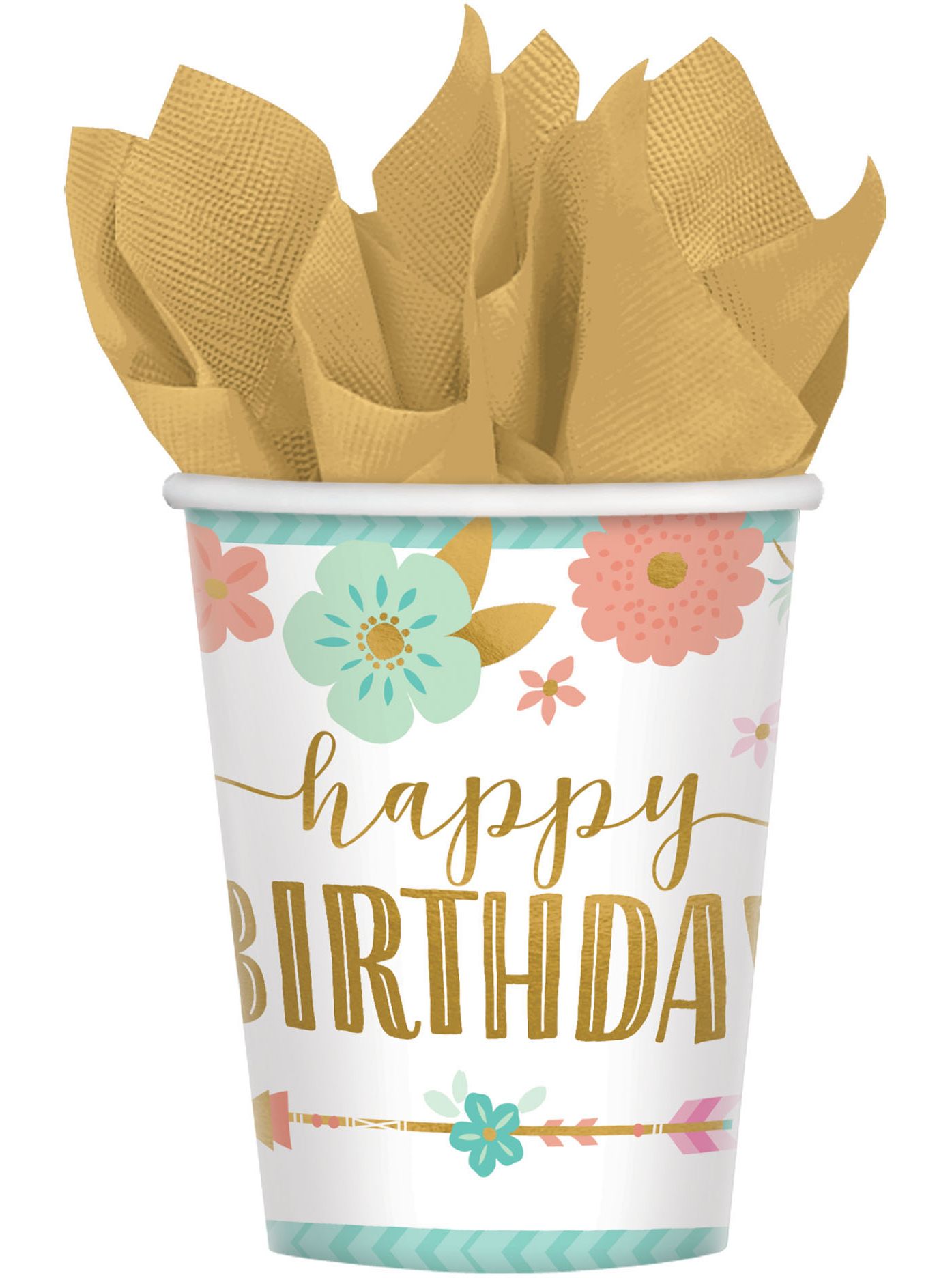 Boho Girl Happy Birthday Paper Cups feature Flowers and Feathers, Pink/Green/Gold, 9-oz, 8-pk Front_Flat