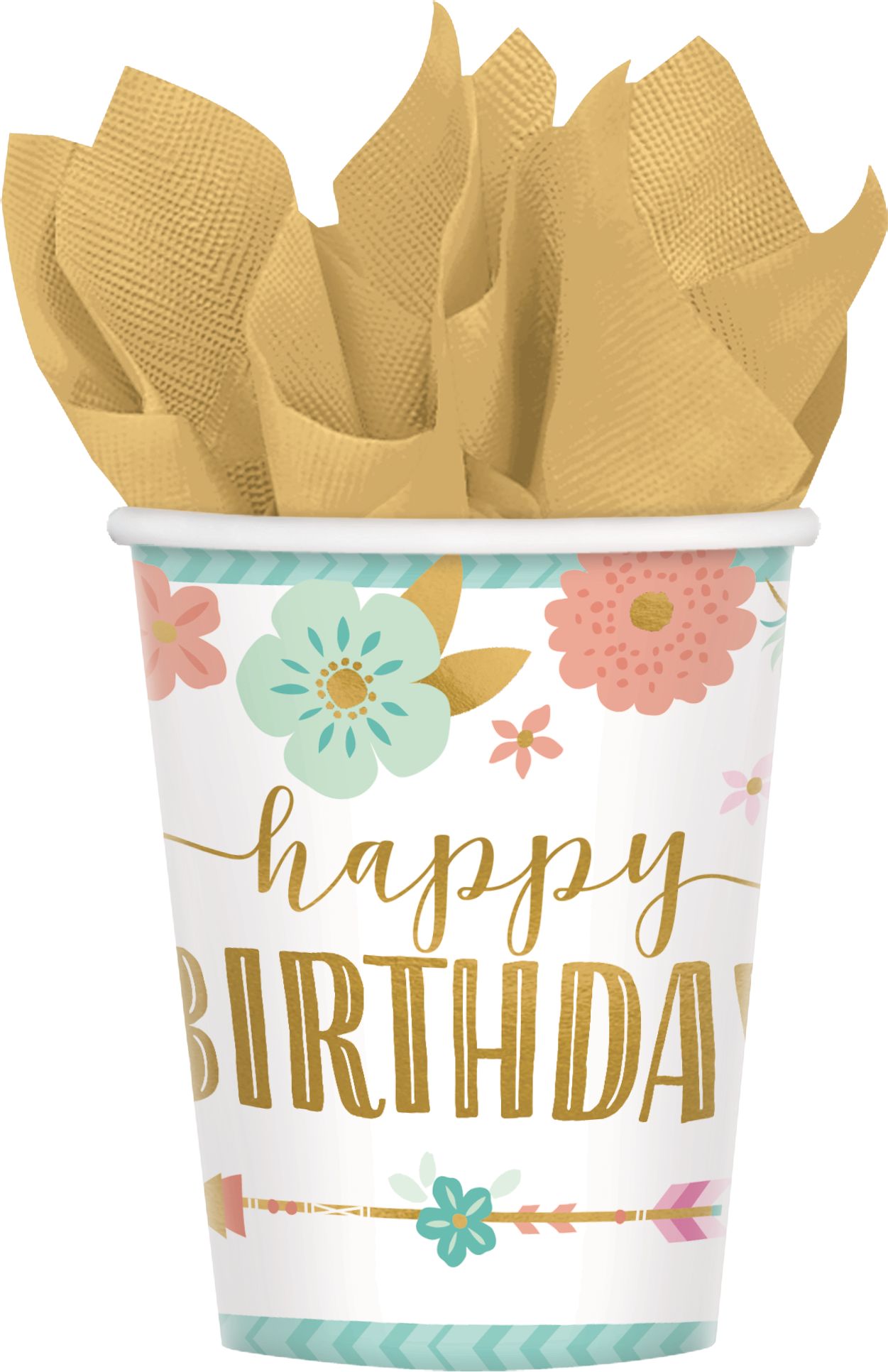 Boho Girl Happy Birthday Paper Cups feature Flowers and Feathers, Pink/Green/Gold, 9-oz, 8-pk Front_Flat