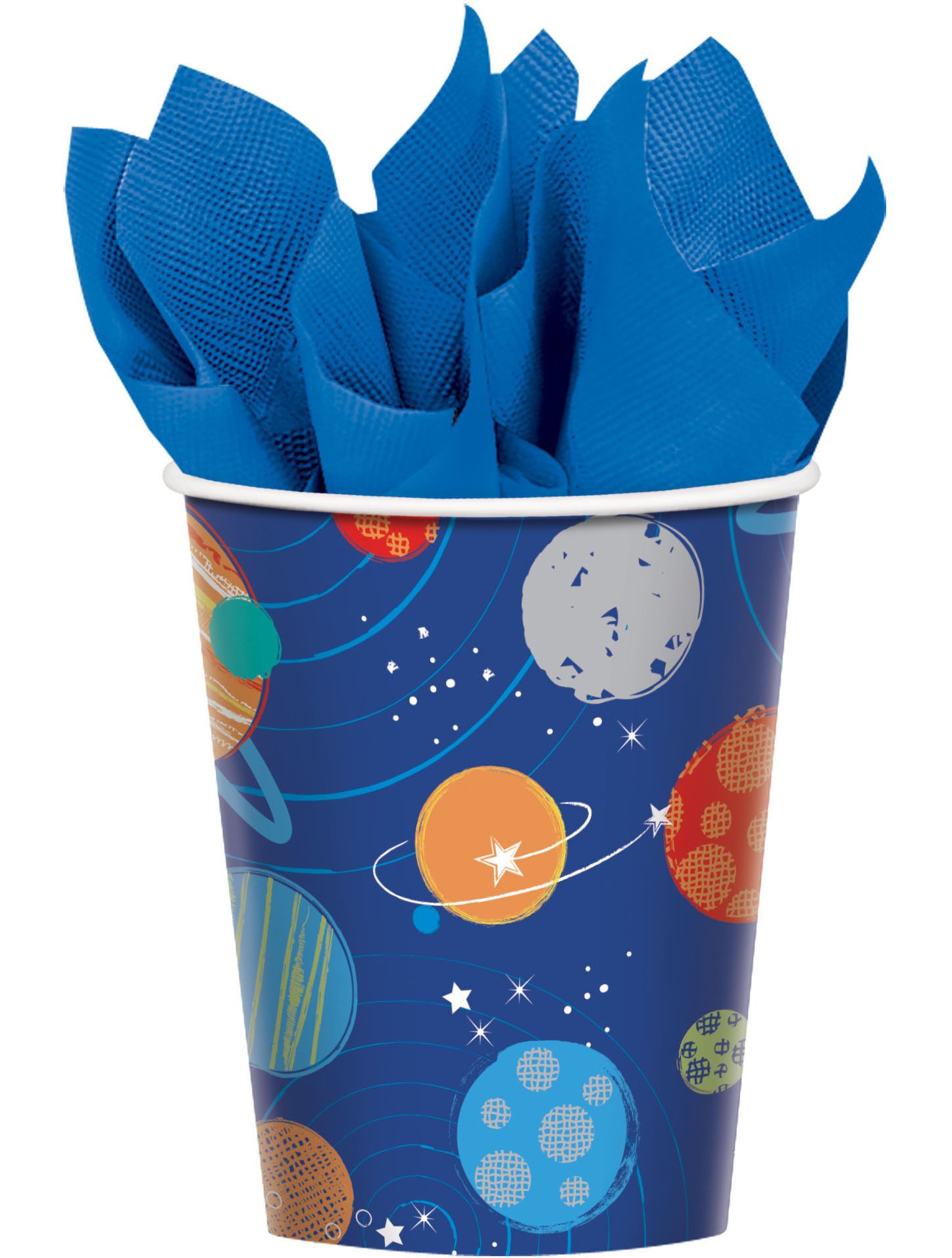 Gobelets en papier de fête Décollage avec planètes et étoiles, bleu, 9 oz, paq. 8 Front_Flat