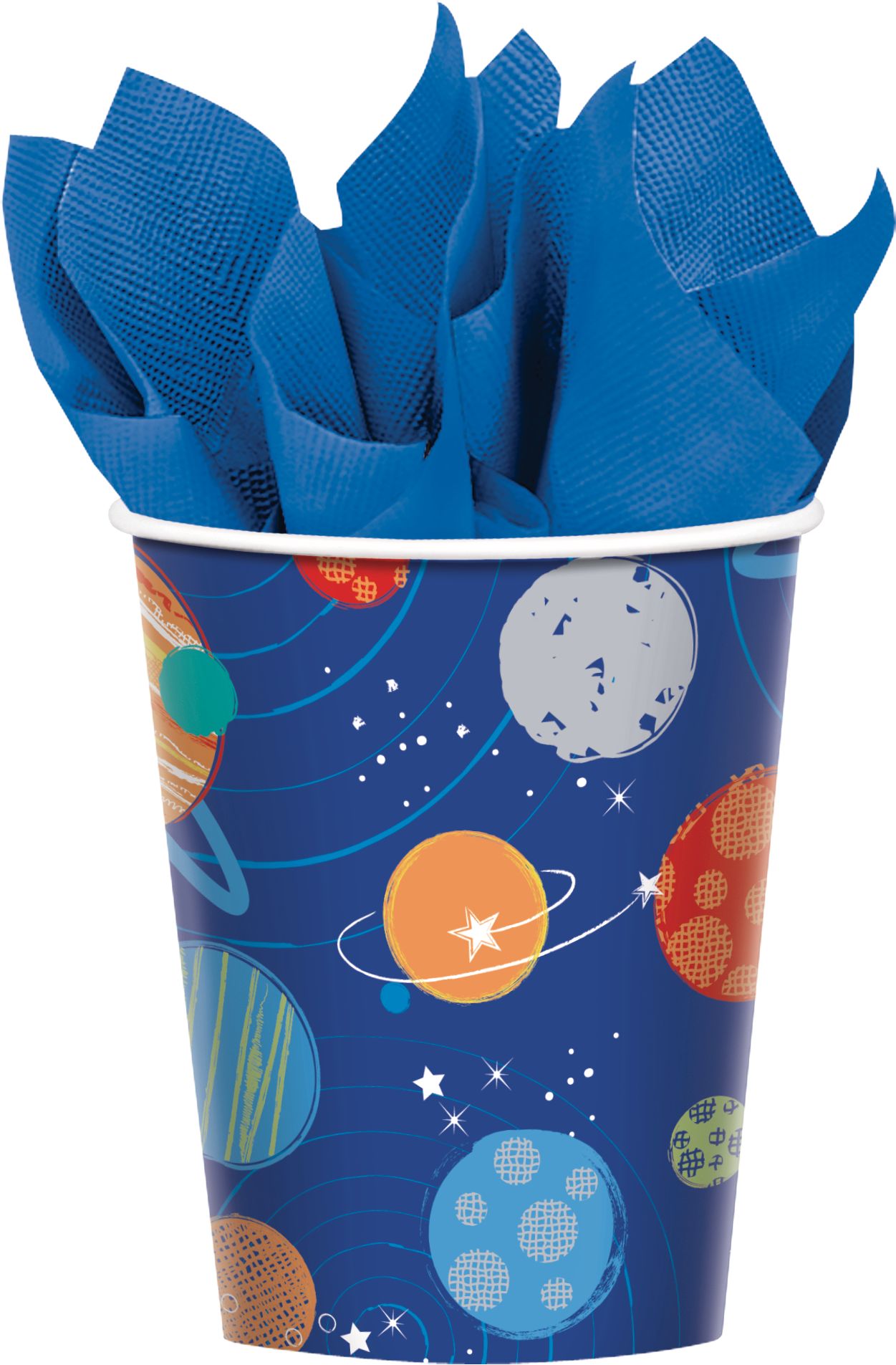 Gobelets en papier de fête Décollage avec planètes et étoiles, bleu, 9 oz, paq. 8 Front_Flat