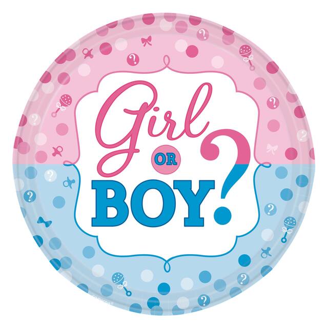 "Girl or Boy?" Round Paper Disposable Dinner Plates, Blue/Pink, 10.5-in, 8-pk, for Gender Reveal Overhead_Flat