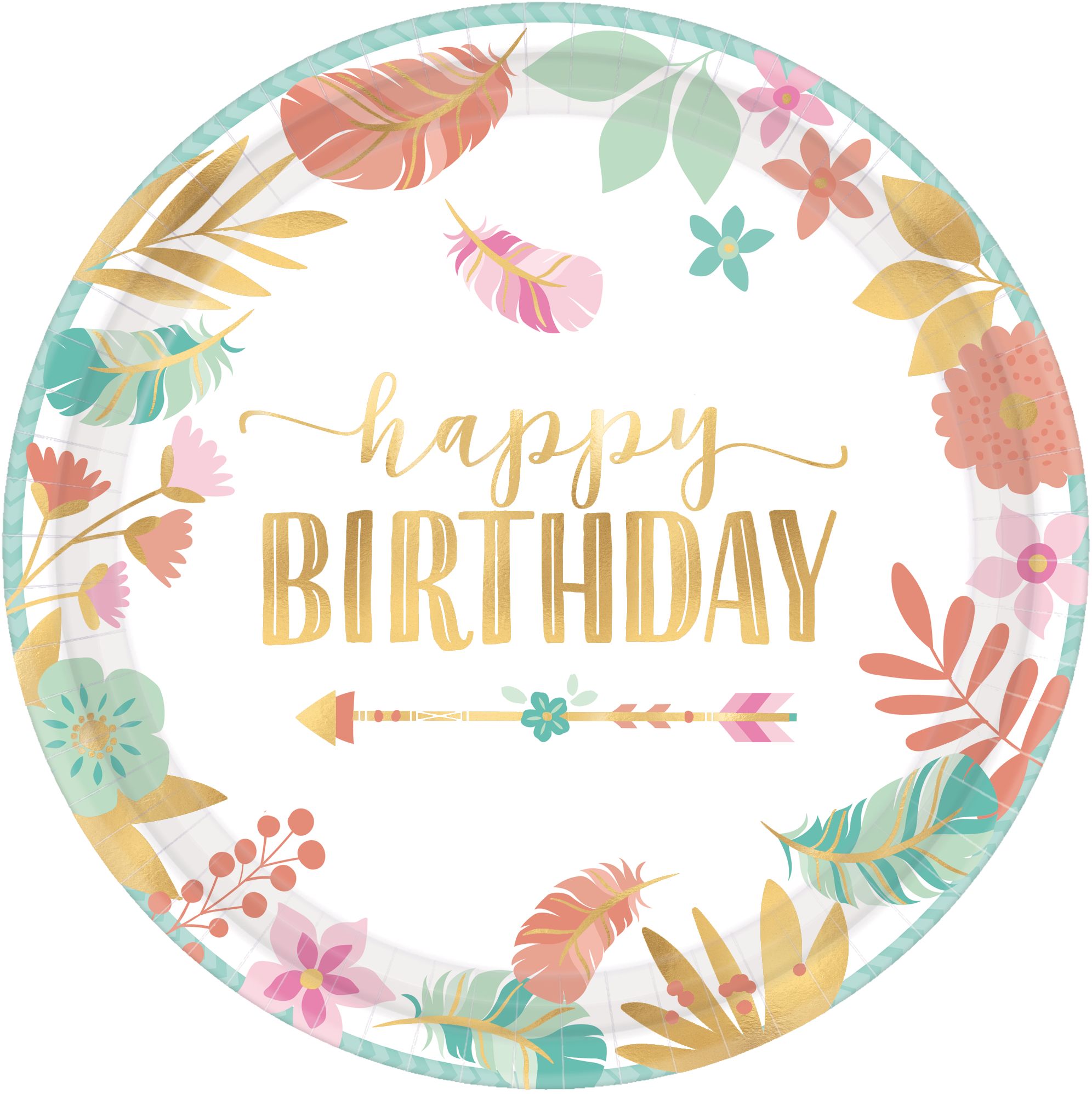 Boho Girl "Happy Birthday" Large Dinner Paper Plates, 10.5-in, 8-pk Front_Flat