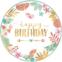 Boho Girl "Happy Birthday" Large Dinner Paper Plates, 10.5-in, 8-pk Front_Flat