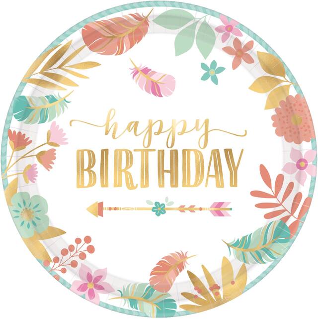 Boho Girl "Happy Birthday" Large Dinner Paper Plates, 10.5-in, 8-pk Front_Flat
