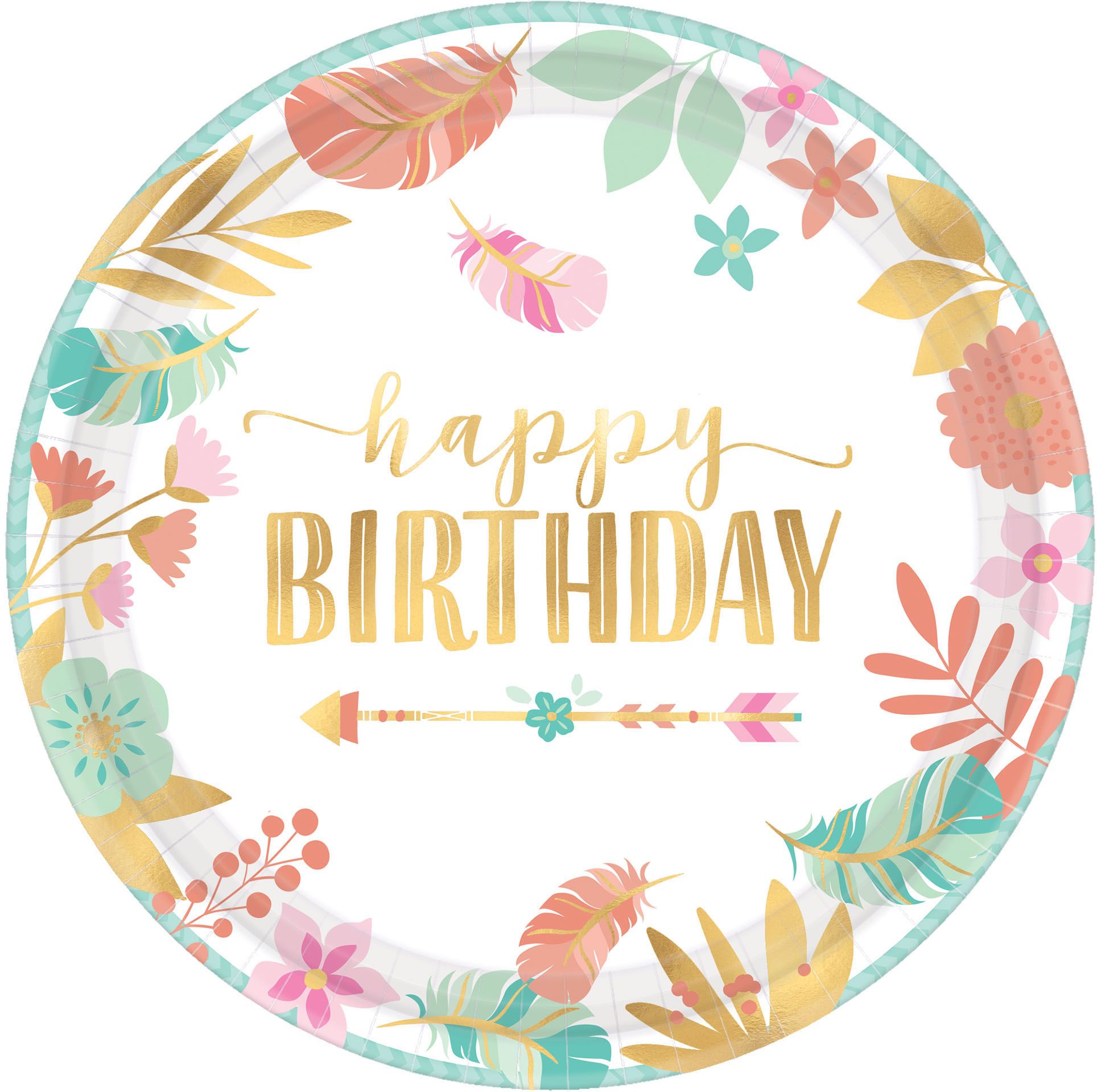 Boho Girl "Happy Birthday" Large Dinner Paper Plates, 10.5-in, 8-pk Front_Flat