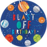 Blast Off "Blast Off Birthday" Round Paper Disposable Dinner Plates, Blue/Orange, 10.5-in, 8-pk, for Birthday Party Front_Flat