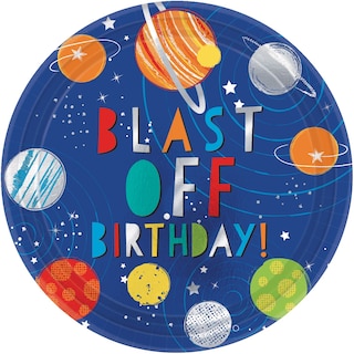 Plaques de dîner jetables en papier rond "Blast Off Birthday", bleu/orange, 10,5 po, 8-pk, pour fête d'anniversaire