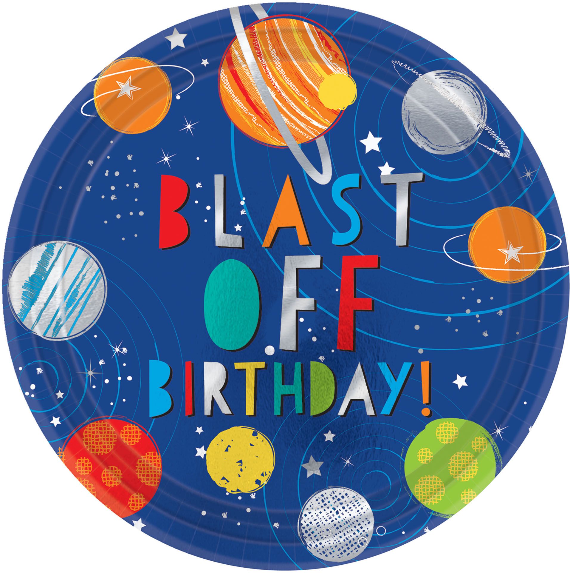 Blast Off "Blast Off Birthday" Round Paper Disposable Dinner Plates, Blue/Orange, 10.5-in, 8-pk, for Birthday Party Front_Flat