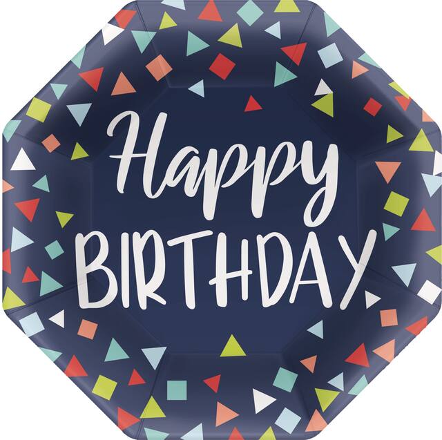 A Reason to Celebrate "Happy Birthday" Hexagon Paper Disposable Dinner Plates, Navy, 10-in, 8-pk, for Birthday Party Overhead_Flat
