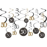 Sparkling Celebration "50 Happy Birthday" Swirl Hanging Decorations, Gold/Silver/Black, Polka Dot, 10-in, 12-pk, for Birthday Party Front_Flat