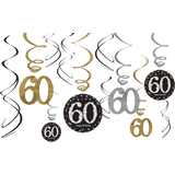 Sparkling Celebration "60 Happy Birthday" Swirl Hanging Decorations, Gold/Silver/Black, Polka Dot, 10-in, 12-pk, for Birthday Party Front_Flat