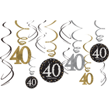 Sparkling Celebration "40 Happy Birthday" Swirl Hanging Decorations, Gold/Silver/Black, Polka Dot, 10-in, 12-pk, for Birthday Party Front_Flat