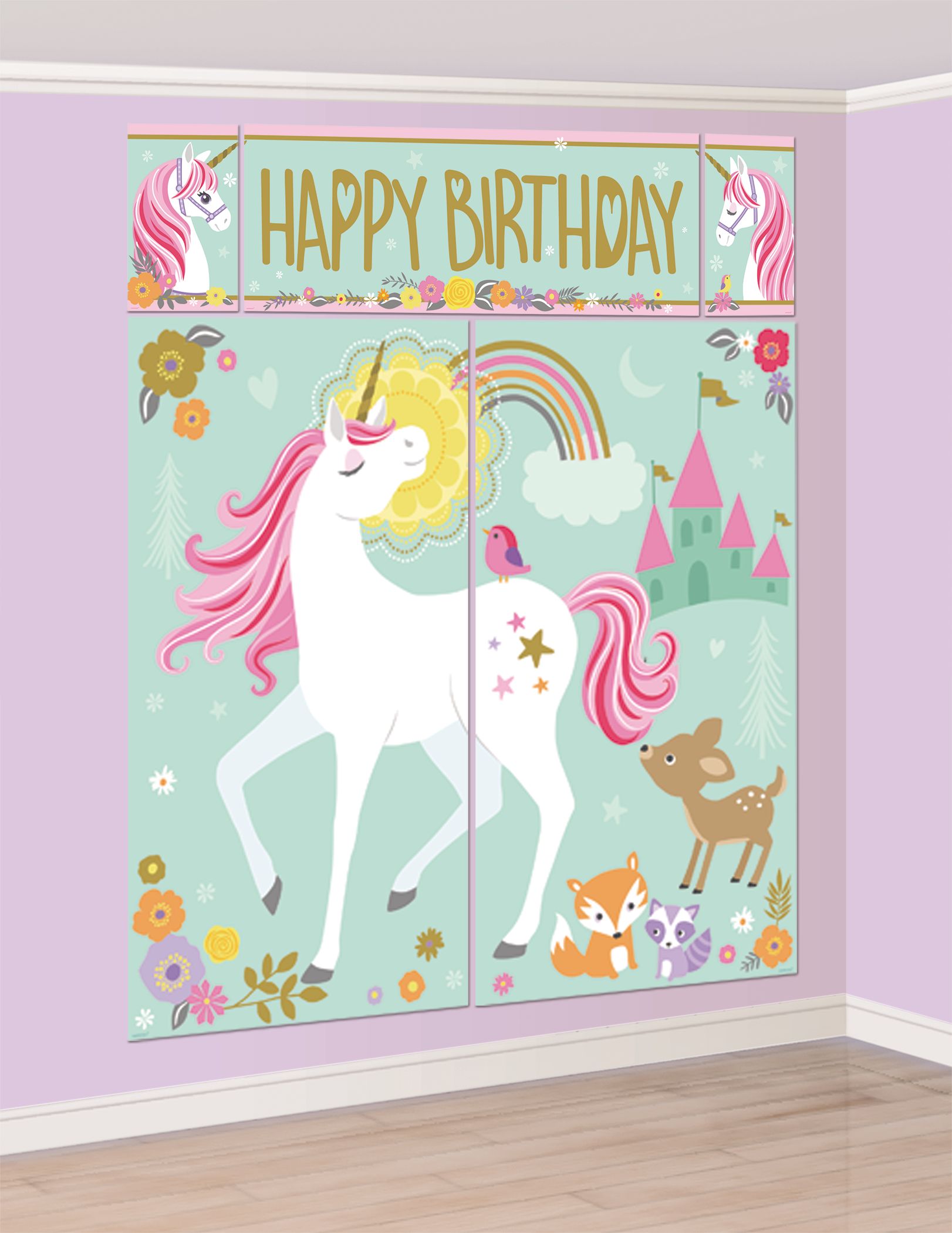 Décor mural fête licorne magique avec accessoires pour cabine photo pour fête d'anniversaire, paq. 17 Front_Angled_Right