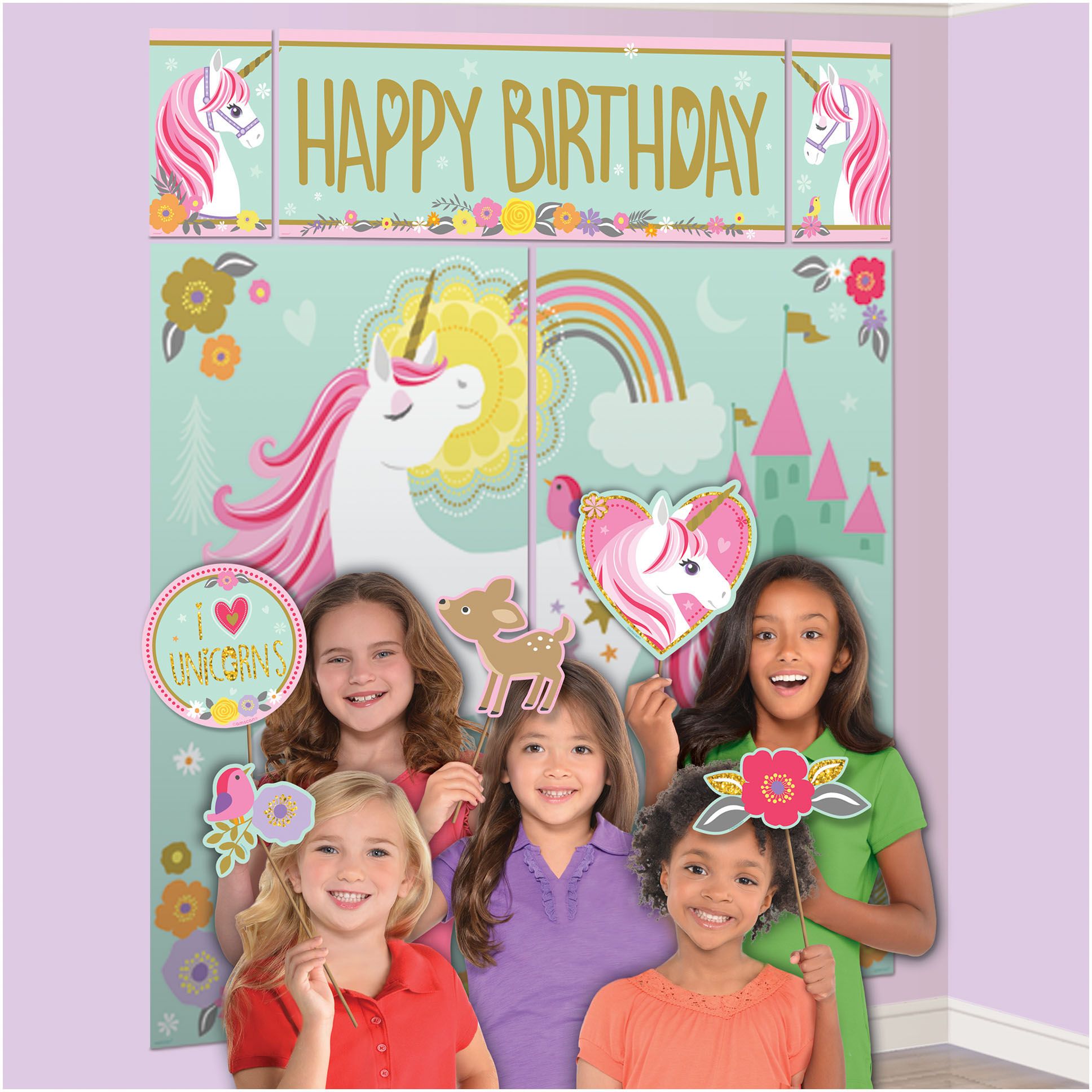 Décor mural fête licorne magique avec accessoires pour cabine photo pour fête d'anniversaire, paq. 17 Composite_or_Mixed