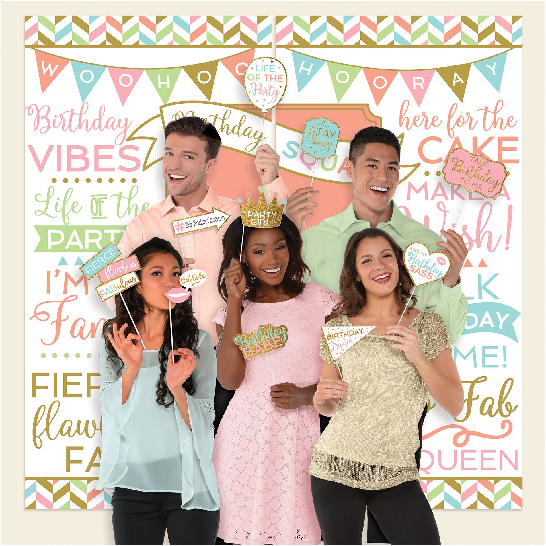 Confetti Fun "Birthday Squad" Plastic Scene Setter Background Decoration with Photo Booth Props, Multi-Coloured, 65-in, 15-pk, for Birthday Party Front_Flat