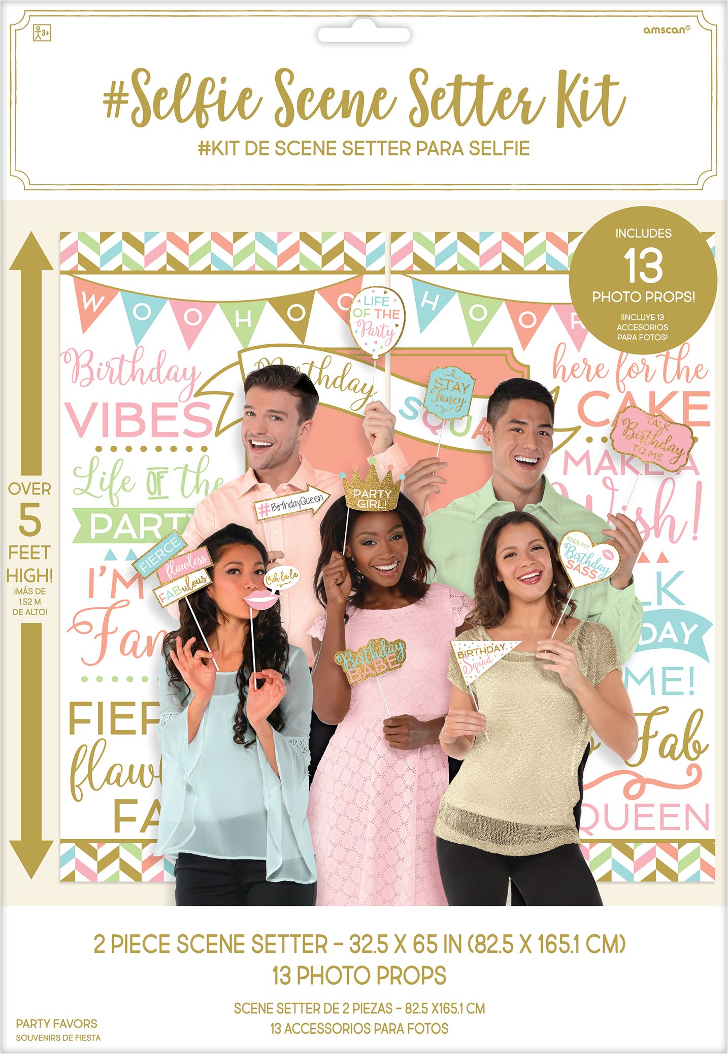 Confetti Fun "Birthday Squad" Plastic Scene Setter Background Decoration with Photo Booth Props, Multi-Coloured, 65-in, 15-pk, for Birthday Party Front_Flat