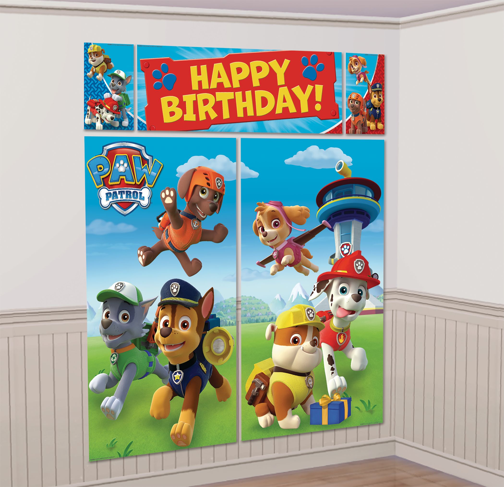 Nickelodeon PAW Patrol "Happy Birthday" Plastic Scene Setter Background Decoration with Photo Booth Props, Blue/Yellow, 14.5-in, 12-pk, for Birthday Front_Angled_Right