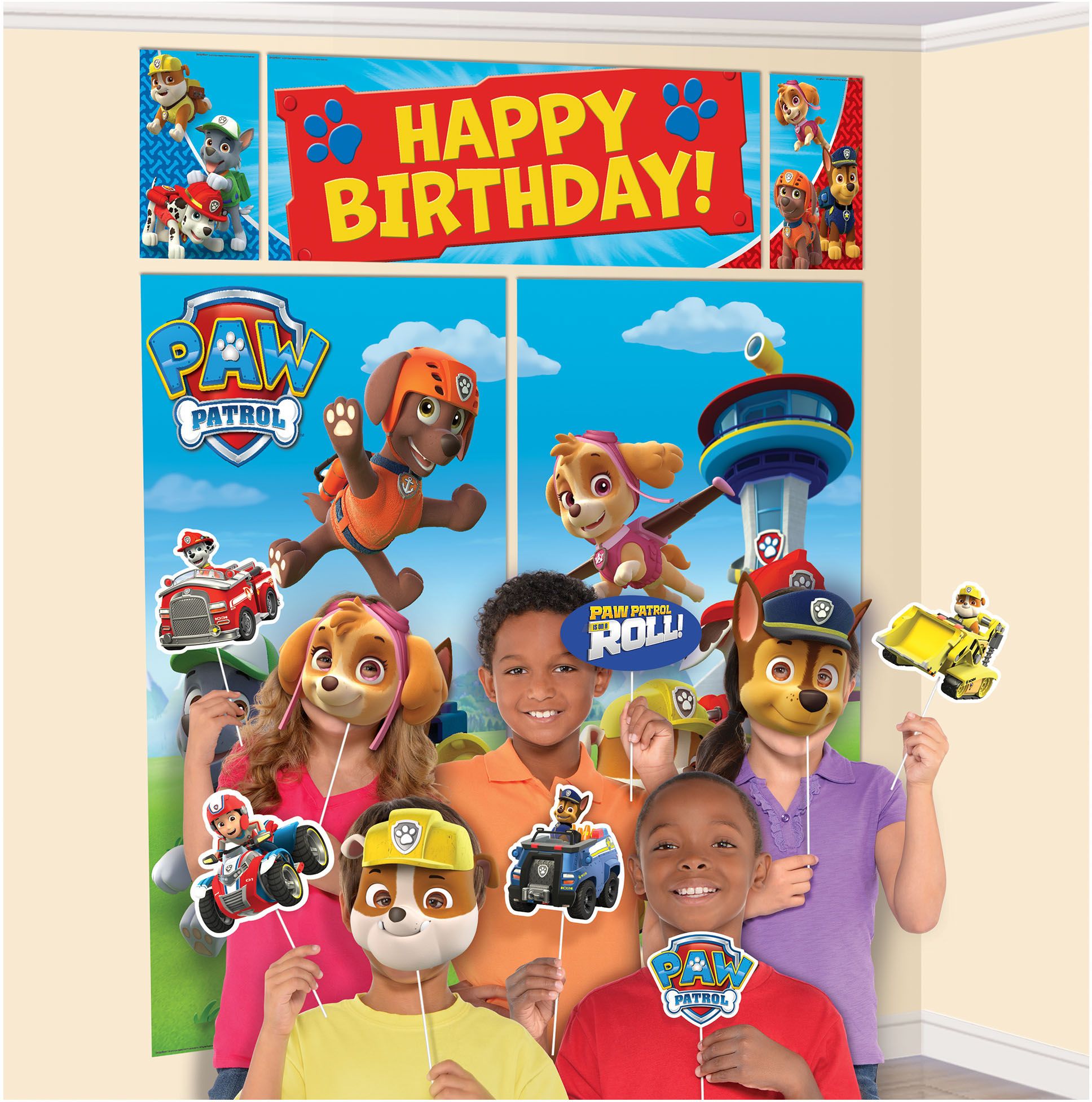 Nickelodeon PAW Patrol "Happy Birthday" Plastic Scene Setter Background Decoration with Photo Booth Props, Blue/Yellow, 14.5-in, 12-pk, for Birthday Composite_or_Mixed