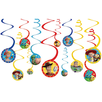 Disney Pixar Toy Story Woody/Forky/Buzz Lightyear Swirl Hanging Decorations, Red/Blue/Yellow, 10-in, 12-pk, for Birthday Party Front_Flat