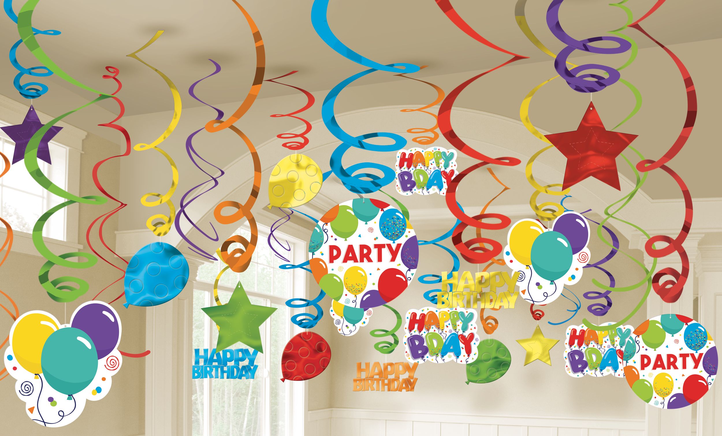 Birthday Balloon "Party" Swirl Hanging Decorations, Multi-Coloured, 10-in, 24-pk, for Birthday Party Front_Flat