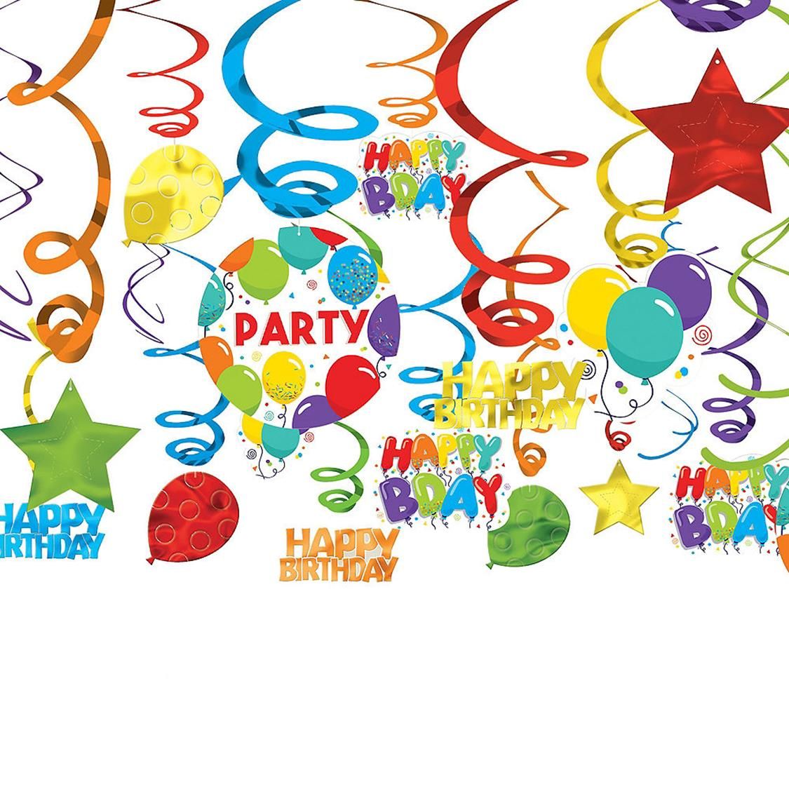 Birthday Balloon "Party" Swirl Hanging Decorations, Multi-Coloured, 10-in, 24-pk, for Birthday Party Composite_or_Mixed