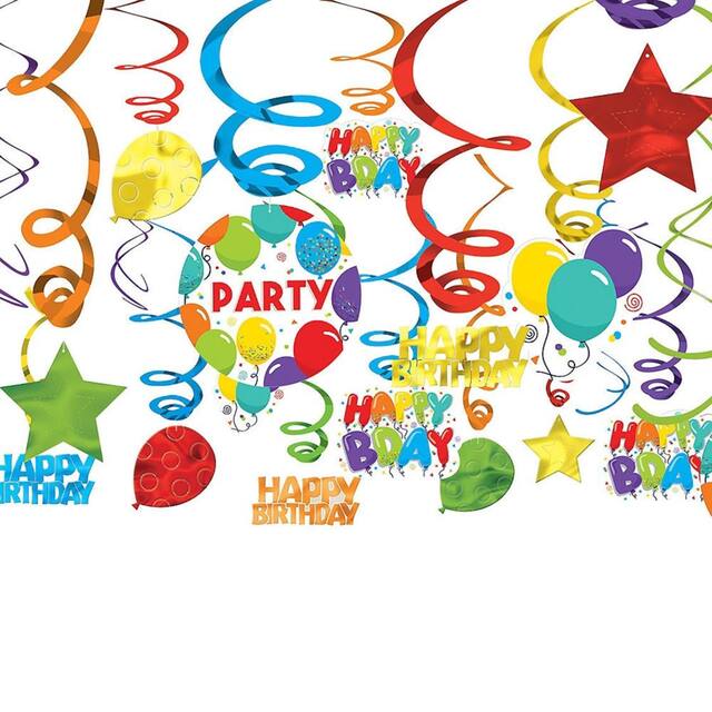 Birthday Balloon "Party" Swirl Hanging Decorations, Multi-Coloured, 10-in, 24-pk, for Birthday Party Composite_or_Mixed