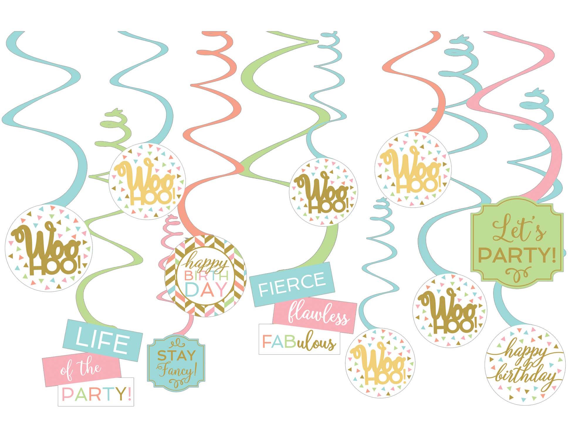Décorations spiralées d'anniversaire confettis amusants, paq./12 Front_Flat