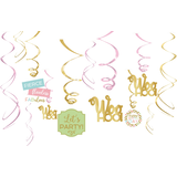 Confetti Fun "Let’s Party" Swirl Hanging Decorations, Gold/Pink, 10-in, 6-pk, for Birthday Party Front_Flat