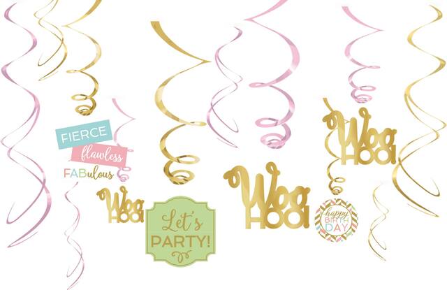 Confetti Fun "Let’s Party" Swirl Hanging Decorations, Gold/Pink, 10-in, 6-pk, for Birthday Party Front_Flat