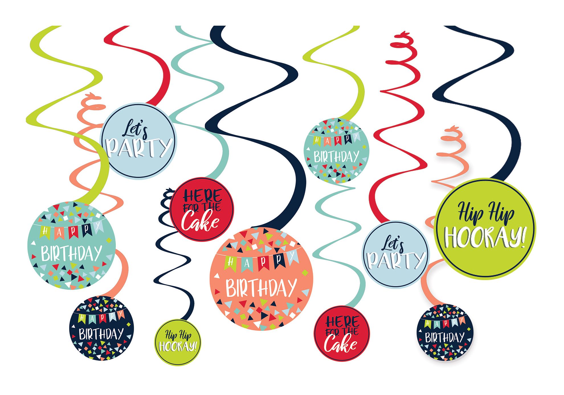 Décorations spiralées d'anniversaire confettis amusants, paq./12 Front_Flat