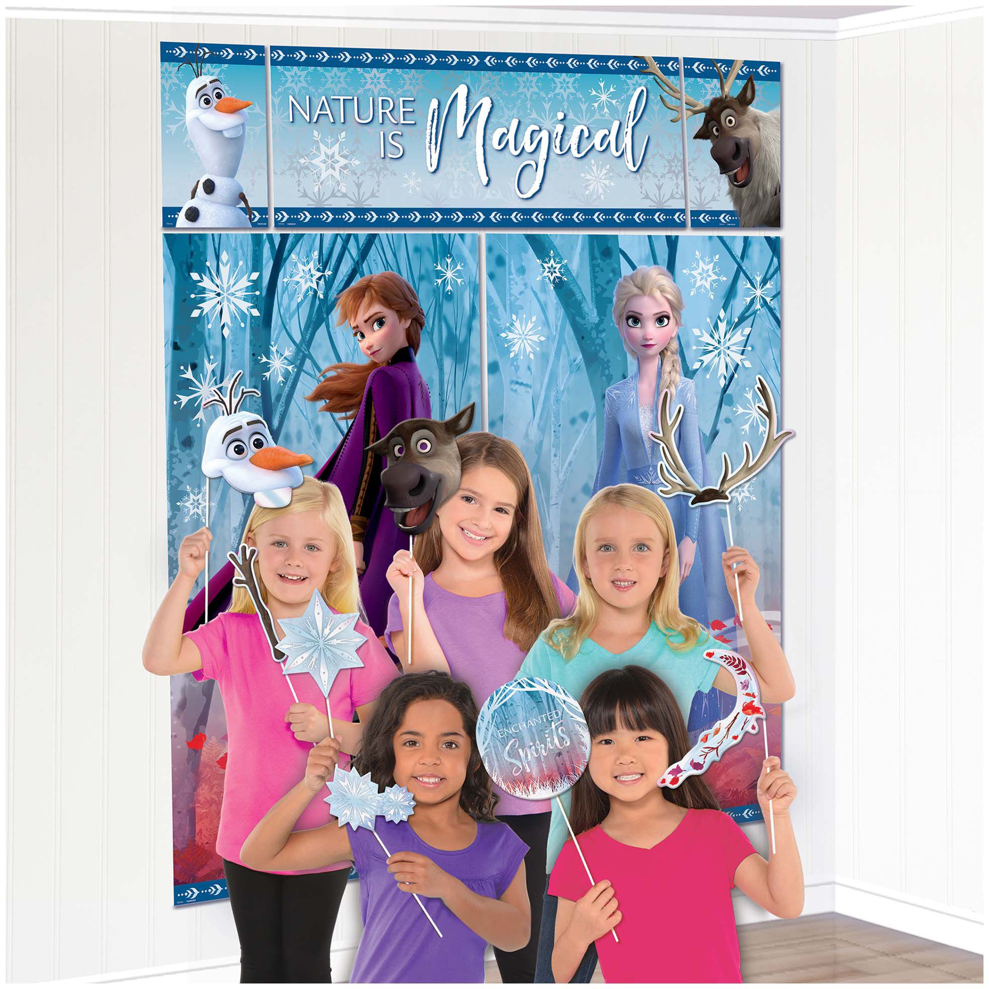 Disney Frozen "Nature is Magical" Elsa/Anna Plastic Scene Setter Background Decoration with Photo Booth Props, Blue, 59-in, 17-pk, for Birthday Party Composite_or_Mixed