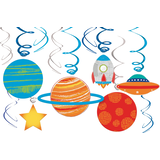 Blast Off Swirl Hanging Decorations, Blue/Orange, 10-in, 12-pk, for Birthday Party Front_Flat