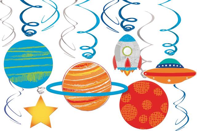 Blast Off Swirl Hanging Decorations, Blue/Orange, 10-in, 12-pk, for Birthday Party Front_Flat