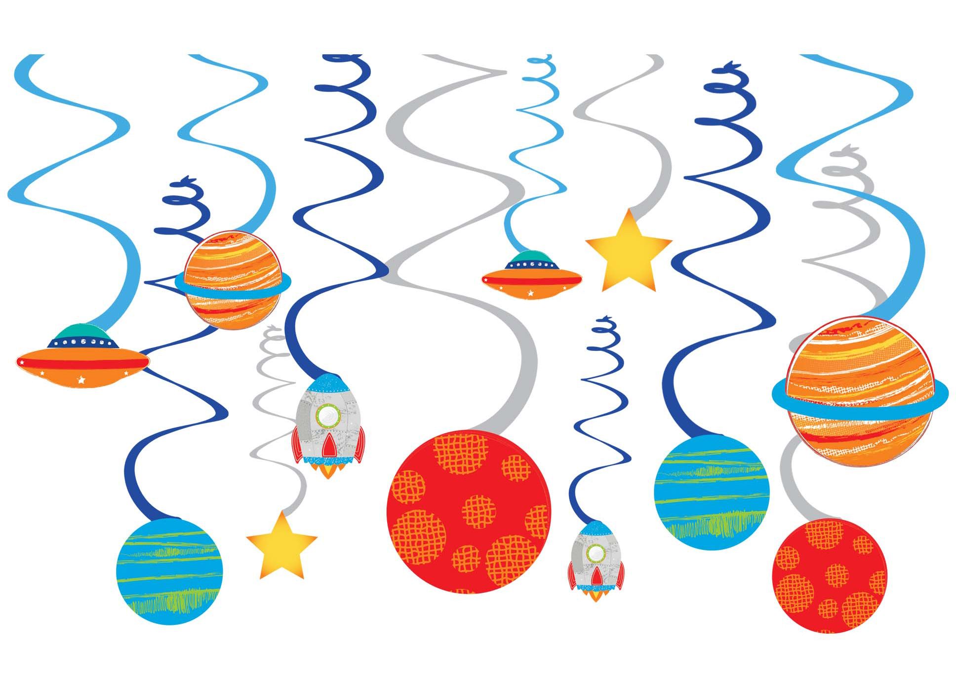 Blast Off Swirl Hanging Decorations, Blue/Orange, 10-in, 12-pk, for Birthday Party Front_Flat